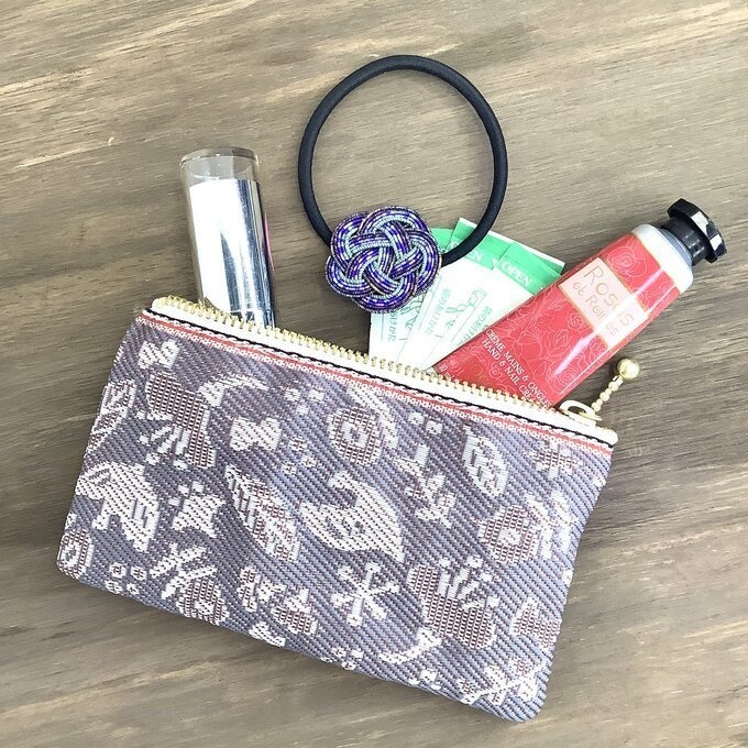 【小鳥と花と・・・】畳縁 ぺたんこ ミニポーチ 小銭入れ カードケース 茶鼠色 ウォームグレー 大人可愛い