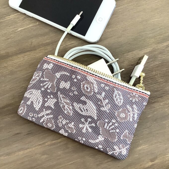 【小鳥と花と・・・】畳縁 ぺたんこ ミニポーチ 小銭入れ カードケース 茶鼠色 ウォームグレー 大人可愛い