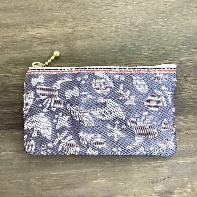 【小鳥と花と・・・】畳縁 ぺたんこ ミニポーチ 小銭入れ カードケース 茶鼠色 ウォームグレー 大人可愛い