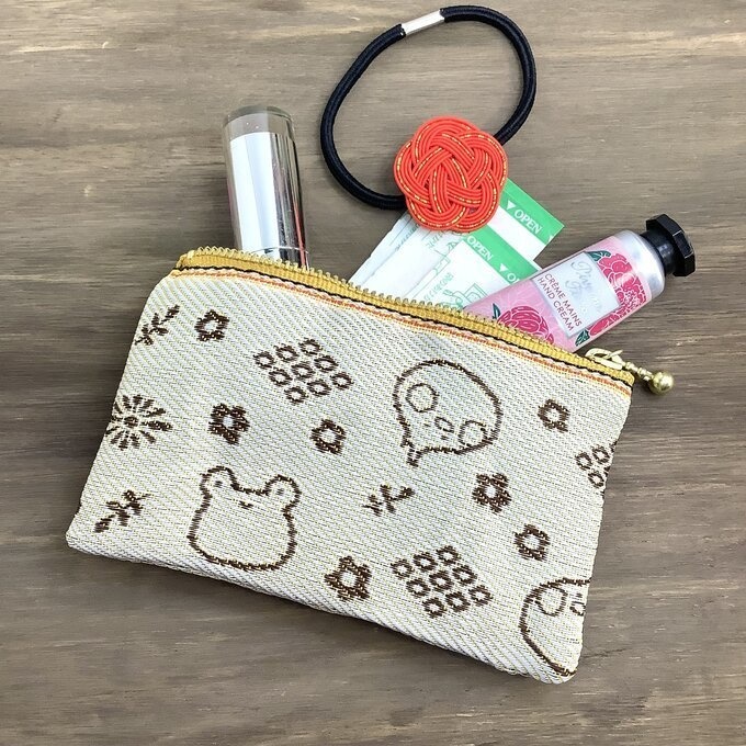 【カエルとトリさん】畳縁 ぺたんこ ミニポーチ 小銭入れ カードケース クリーム色 蛙 鳥