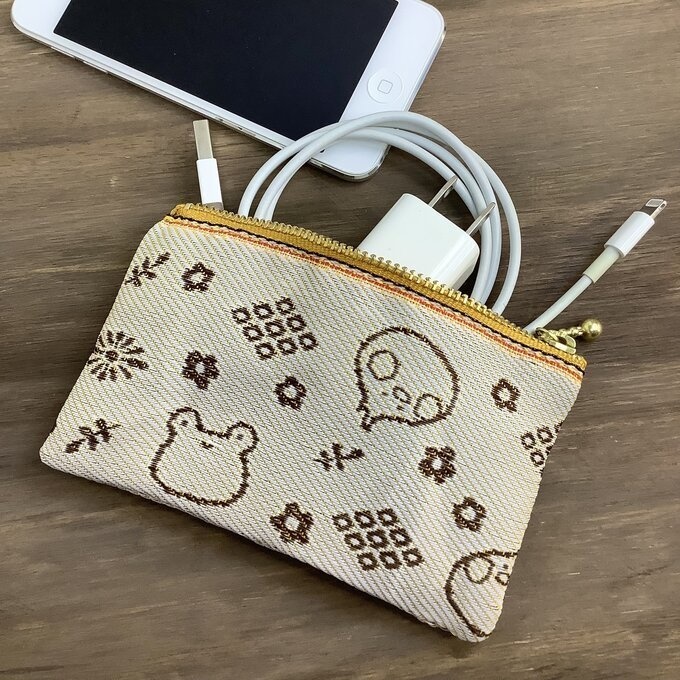 【カエルとトリさん】畳縁 ぺたんこ ミニポーチ 小銭入れ カードケース クリーム色 蛙 鳥