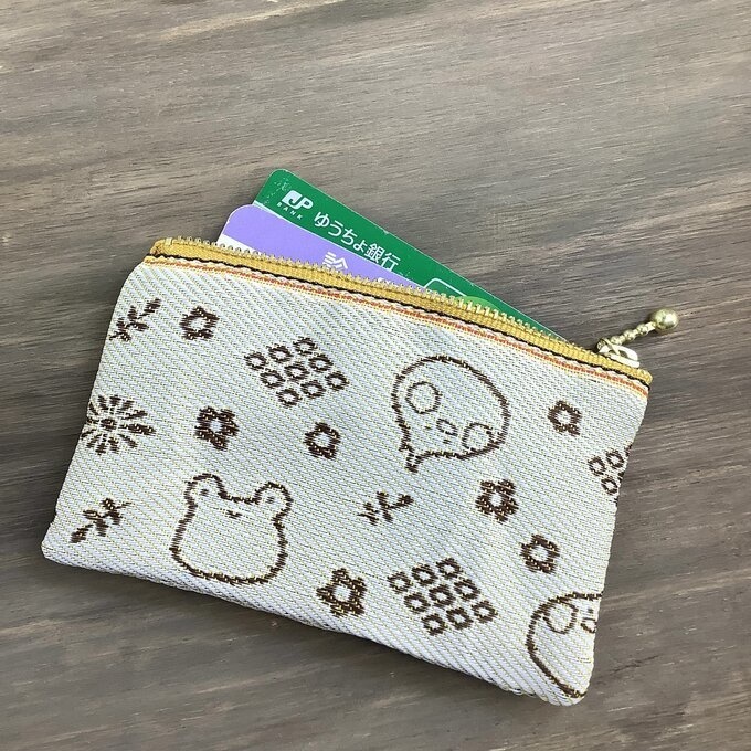 【カエルとトリさん】畳縁 ぺたんこ ミニポーチ 小銭入れ カードケース クリーム色 蛙 鳥