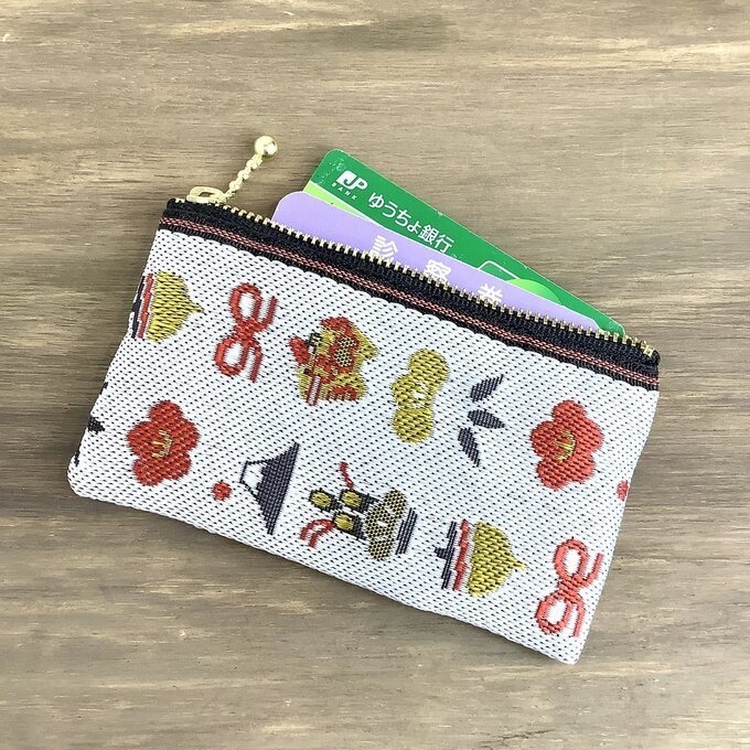 【おめでた柄】畳縁 ぺたんこ ミニポーチ カードケース 小銭入れ 白 正月 縁起物 辰 富士山 松竹梅