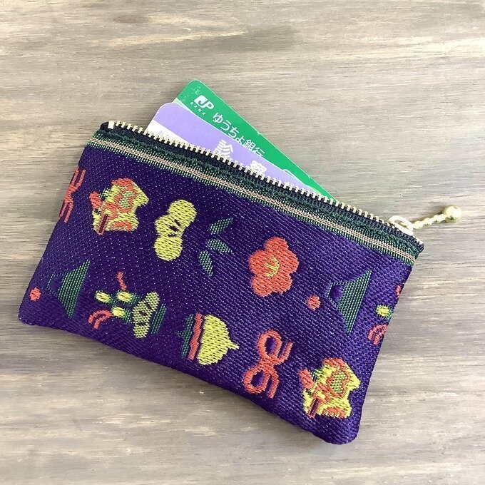 【おめでた柄】畳縁 ぺたんこ ミニポーチ カードケース 小銭入れ 紫 正月 縁起物 辰 富士山 松竹梅