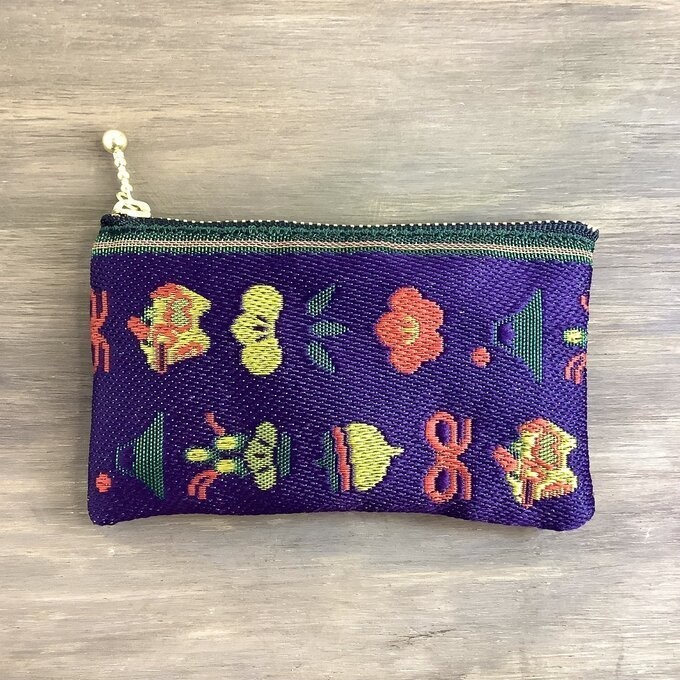 【おめでた柄】畳縁 ぺたんこ ミニポーチ カードケース 小銭入れ 紫 正月 縁起物 辰 富士山 松竹梅