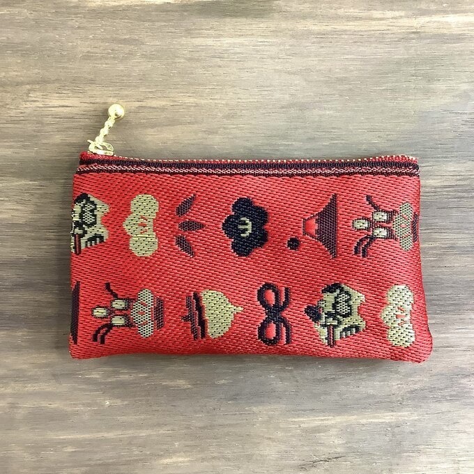 【おめでた柄】畳縁 ぺたんこ ミニポーチ カードケース 小銭入れ 赤 正月 縁起物 辰 富士山 松竹梅