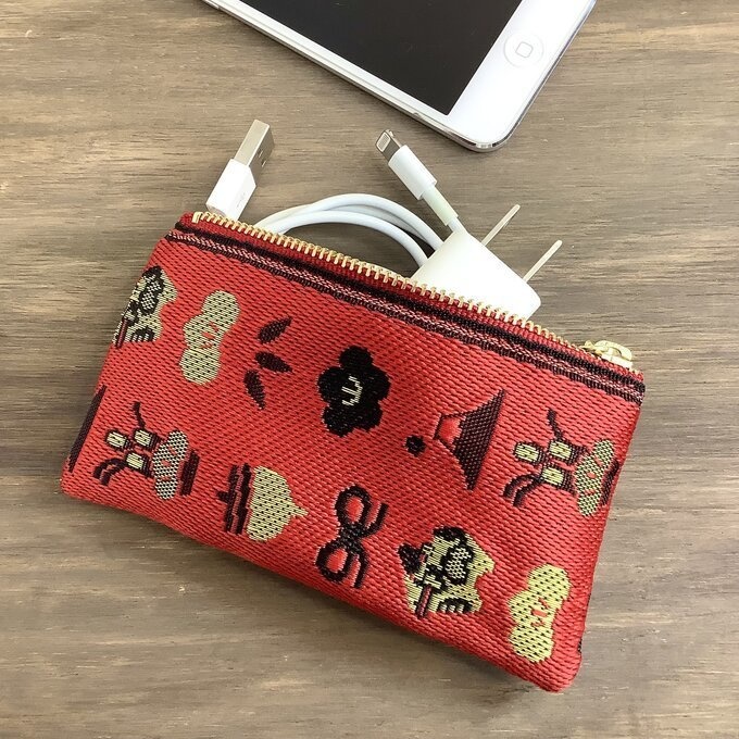 【おめでた柄】畳縁 ぺたんこ ミニポーチ カードケース 小銭入れ 赤 正月 縁起物 辰 富士山 松竹梅