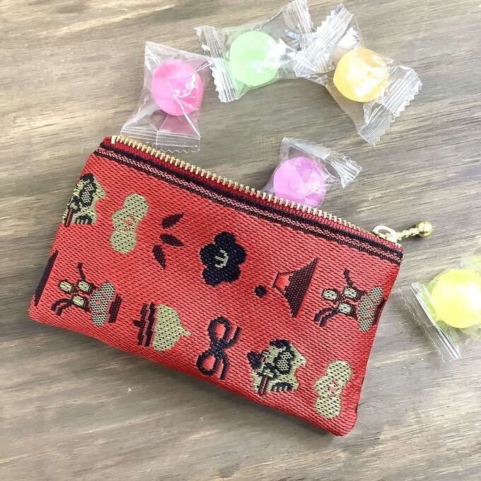 【おめでた柄】畳縁 ぺたんこ ミニポーチ カードケース 小銭入れ 赤 正月 縁起物 辰 富士山 松竹梅