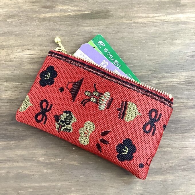 【おめでた柄】畳縁 ぺたんこ ミニポーチ カードケース 小銭入れ 赤 正月 縁起物 辰 富士山 松竹梅