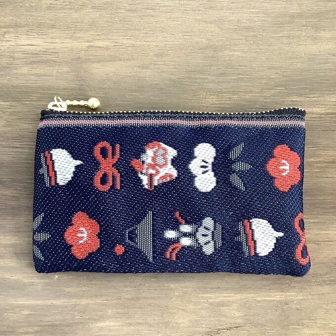 【おめでた柄】畳縁 ぺたんこ ミニポーチ カードケース 小銭入れ 紺 藍色 正月 縁起物 辰 富士山 松竹梅