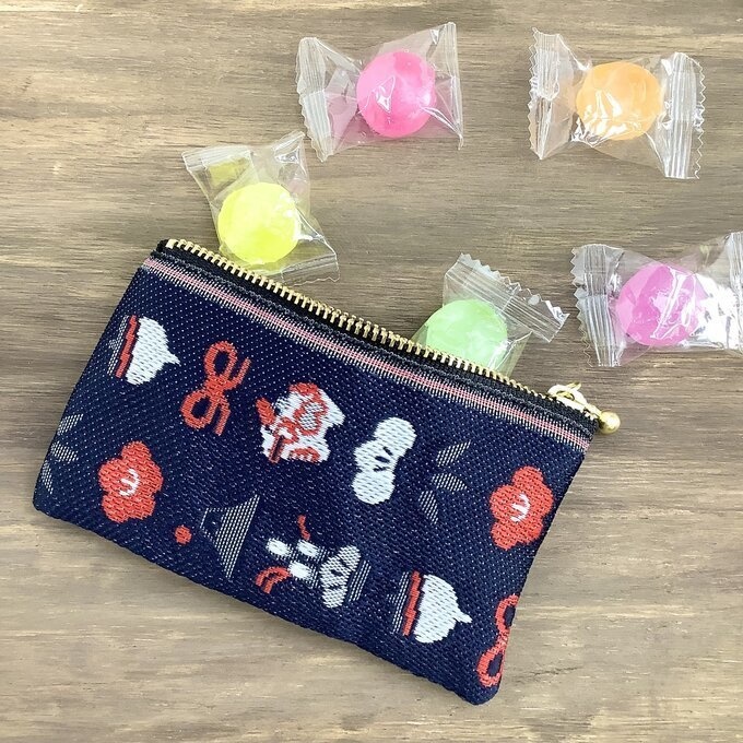 【おめでた柄】畳縁 ぺたんこ ミニポーチ カードケース 小銭入れ 紺 藍色 正月 縁起物 辰 富士山 松竹梅