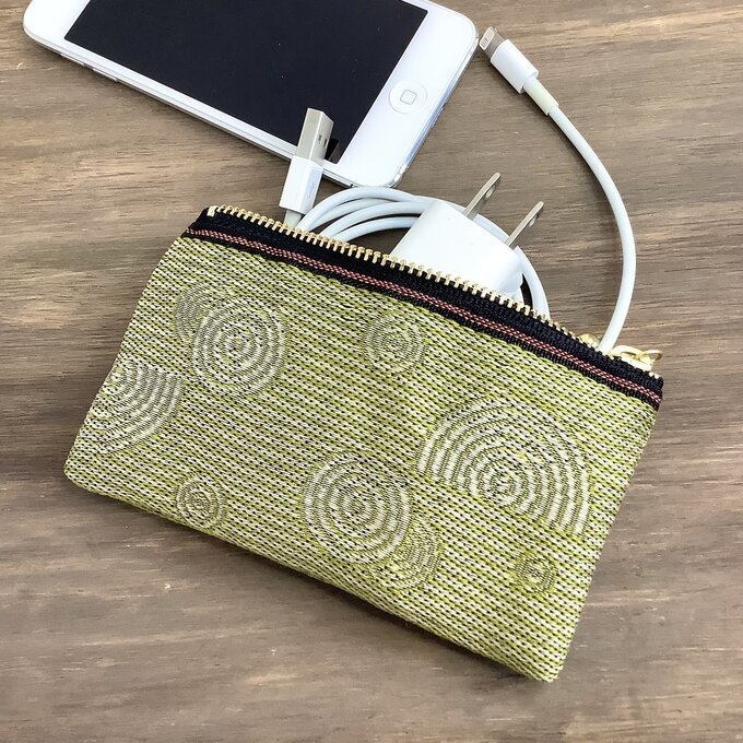 【枯山水】畳縁 ぺたんこ ミニポーチ 小銭入れ カードケース 芥子 黄色 禅 同心円 ストライプ