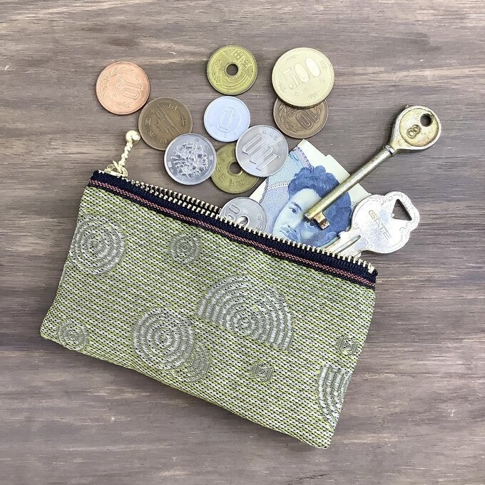 【枯山水】畳縁 ぺたんこ ミニポーチ 小銭入れ カードケース 芥子 黄色 禅 同心円 ストライプ