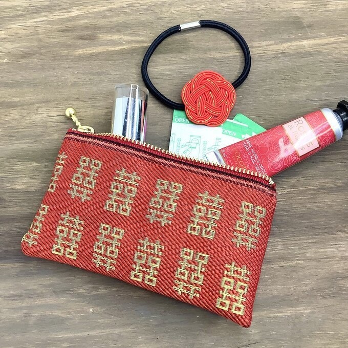 【双喜紋】畳縁 ぺたんこ ミニポーチ 小銭入れ カードケース シノワズリ ダブルハピネス チャイナ