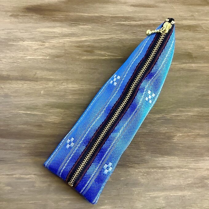 【ミンサー柄】畳縁 テトラ型 ペンケース ブルー 沖縄 ちゅらべり 縁起物