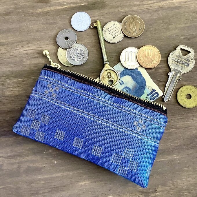 【ミンサー柄】畳縁 ぺたんこ ミニポーチ 小銭入れ カードケース ブルー 沖縄 ちゅらべり 縁起物