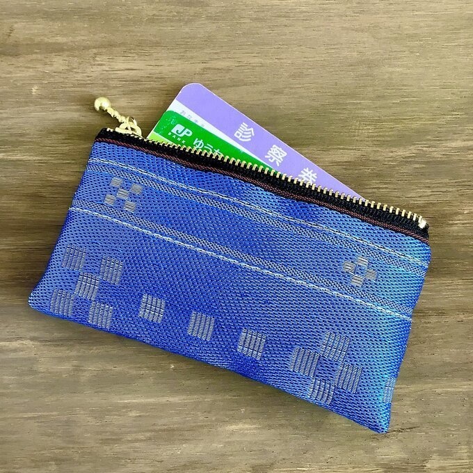 【ミンサー柄】畳縁 ぺたんこ ミニポーチ 小銭入れ カードケース ブルー 沖縄 ちゅらべり 縁起物