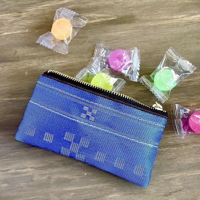 【ミンサー柄】畳縁 ぺたんこ ミニポーチ 小銭入れ カードケース ブルー 沖縄 ちゅらべり 縁起物