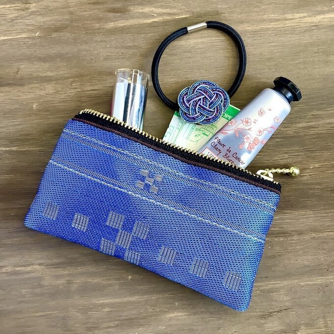 【ミンサー柄】畳縁 ぺたんこ ミニポーチ 小銭入れ カードケース ブルー 沖縄 ちゅらべり 縁起物