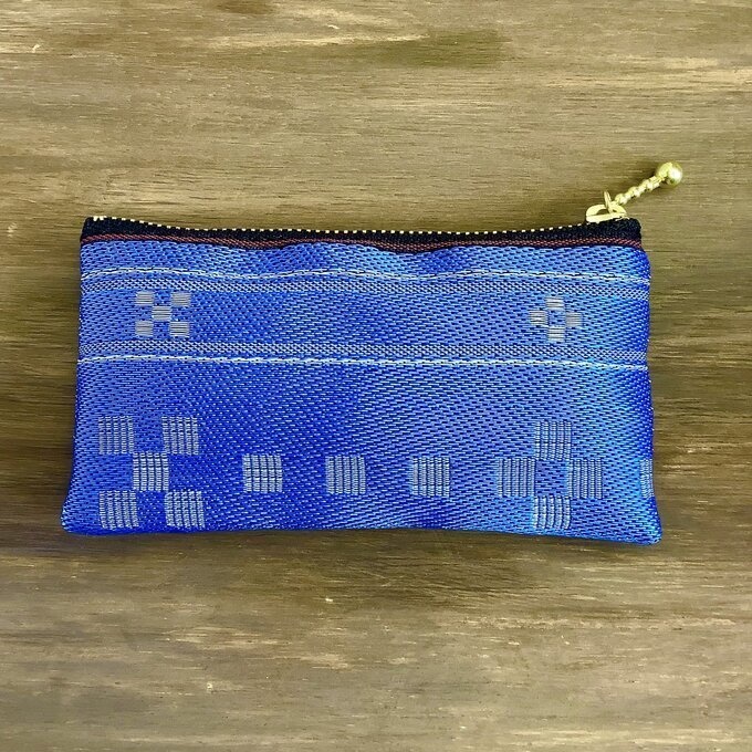 【ミンサー柄】畳縁 ぺたんこ ミニポーチ 小銭入れ カードケース ブルー 沖縄 ちゅらべり 縁起物