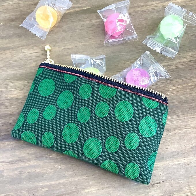 【まりもの森】畳縁 ぺたんこ ミニポーチ 小銭入れ カードケース ドット 水玉 マリモ グリーン