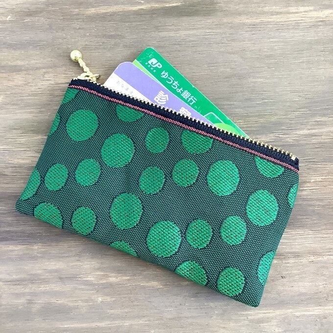 【まりもの森】畳縁 ぺたんこ ミニポーチ 小銭入れ カードケース ドット 水玉 マリモ グリーン
