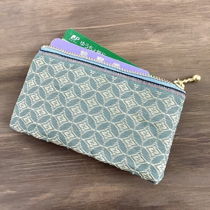【七宝文様】畳縁 ぺたんこ ミニポーチ 小銭入れ カードケース 薄藍 浅葱色