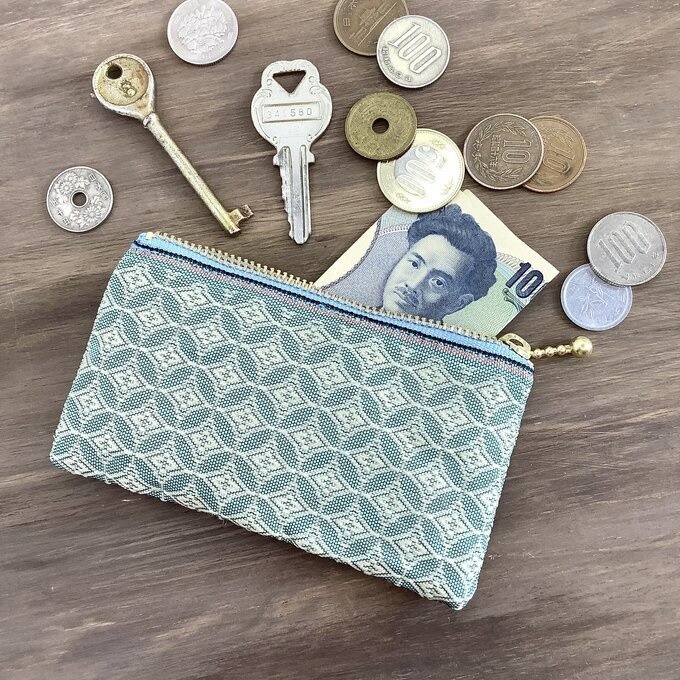 【七宝文様】畳縁 ぺたんこ ミニポーチ 小銭入れ カードケース 薄藍 浅葱色