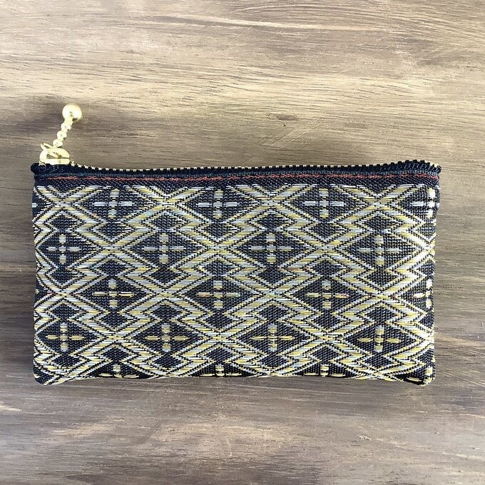 【松皮菱】畳縁 ぺたんこ ミニポーチ 小銭入れ カードケース 黒 金 和柄 家紋