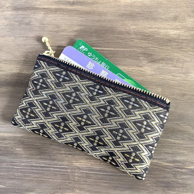 【松皮菱】畳縁 ぺたんこ ミニポーチ 小銭入れ カードケース 黒 金 和柄 家紋