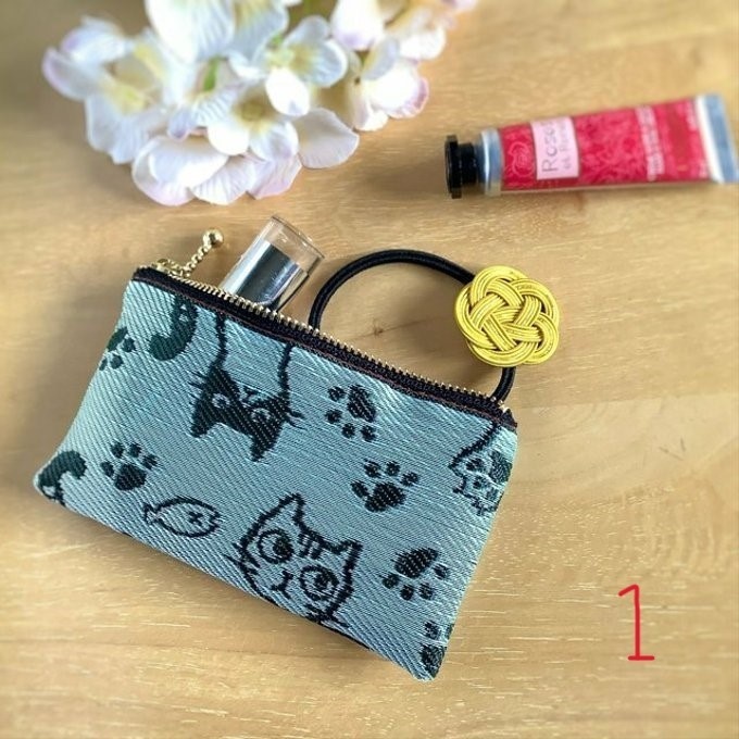 【猫 顔柄】畳縁 ペタンコポーチ ★ご希望の色を選んでください