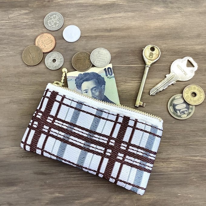 【タータンチェック】畳縁 ぺたんこ ミニポーチ 小銭入れ カードケース 茶 シンプル