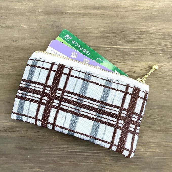 【タータンチェック】畳縁 ぺたんこ ミニポーチ 小銭入れ カードケース 茶 シンプル