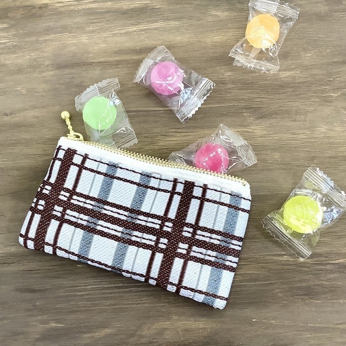 【タータンチェック】畳縁 ぺたんこ ミニポーチ 小銭入れ カードケース 茶 シンプル