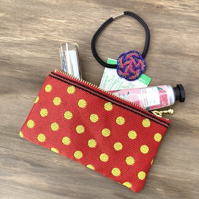 【ノスタルジック 水玉】畳縁 ぺたんこ ミニポーチ 小銭入れ カードケース ドット 赤 黄色