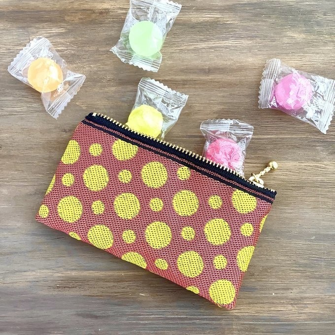 【ピンクグレープフルーツ】畳縁 ぺたんこ ミニポーチ 小銭入れ カードケース 水玉 オレンジ 黄色