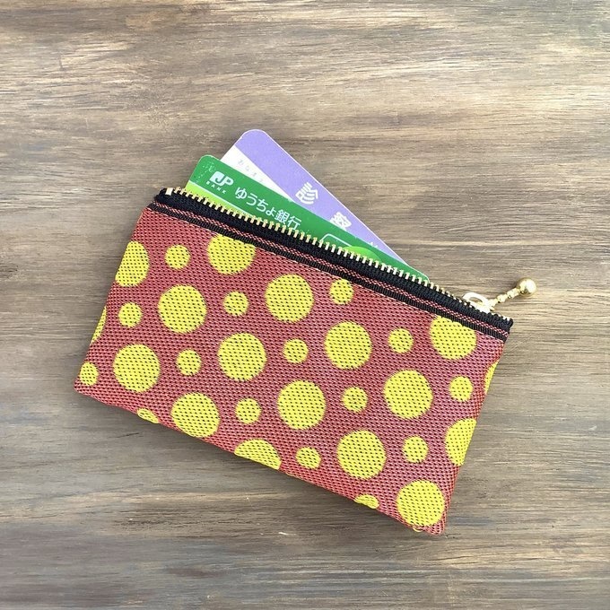 【ピンクグレープフルーツ】畳縁 ぺたんこ ミニポーチ 小銭入れ カードケース 水玉 オレンジ 黄色