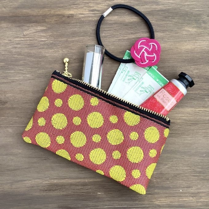 【ピンクグレープフルーツ】畳縁 ぺたんこ ミニポーチ 小銭入れ カードケース 水玉 オレンジ 黄色