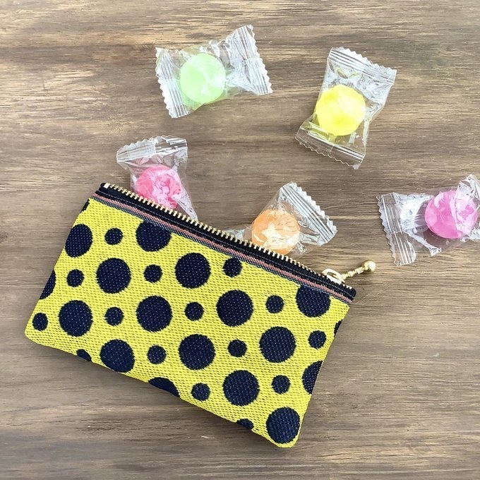【チーター】畳縁 ぺたんこ ミニポーチ 小銭入れ カードケース ドット 水玉 黒 黄色