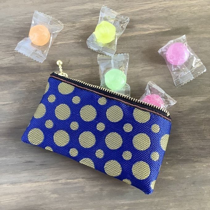 【チョウチンアンコウ】畳縁 ぺたんこ ミニポーチ 小銭入れ カードケース ドット 水玉 紺色 金色