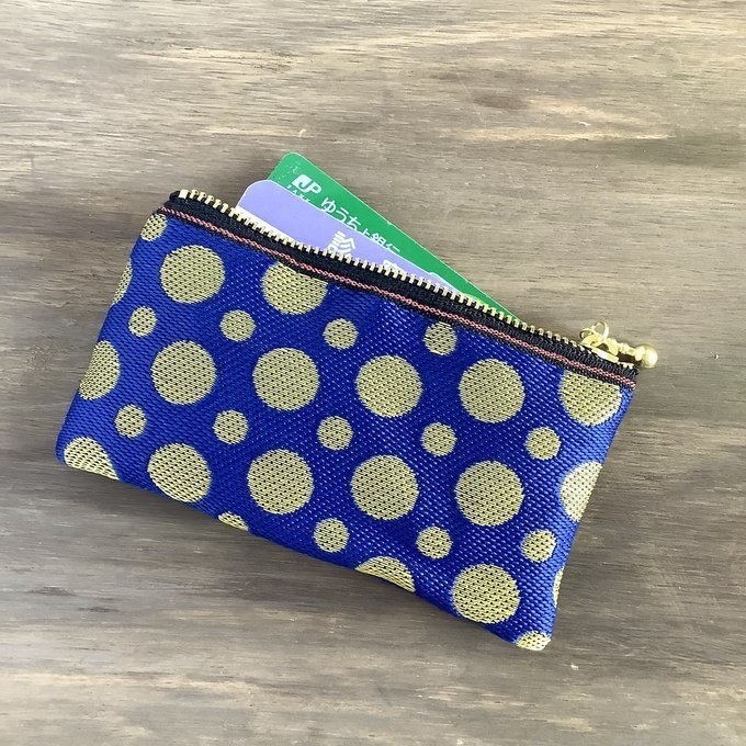 【チョウチンアンコウ】畳縁 ぺたんこ ミニポーチ 小銭入れ カードケース ドット 水玉 紺色 金色