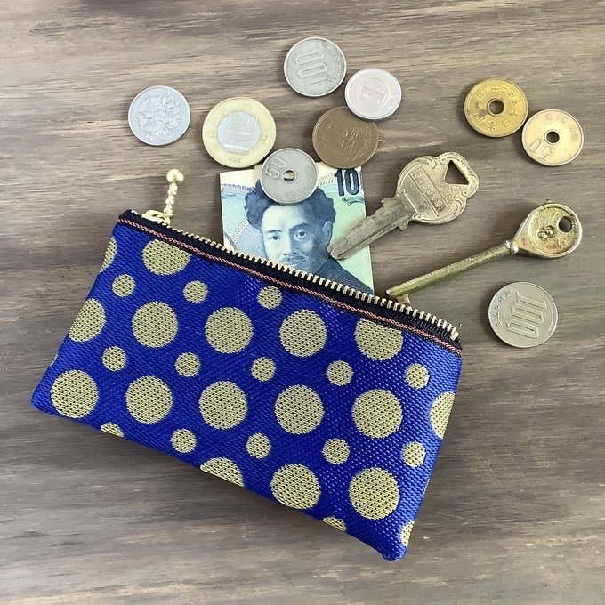 【チョウチンアンコウ】畳縁 ぺたんこ ミニポーチ 小銭入れ カードケース ドット 水玉 紺色 金色