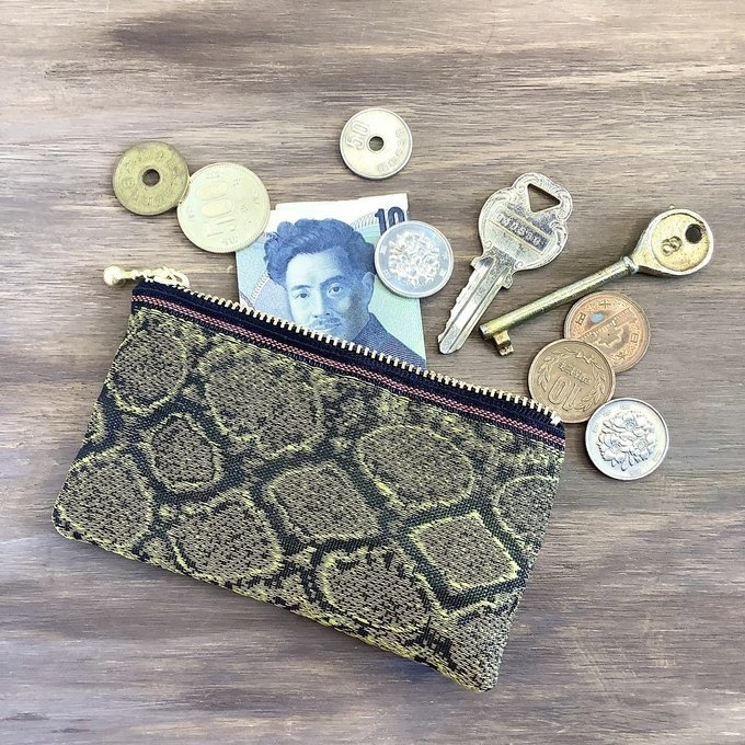 【茶蛇柄】畳縁 ぺたんこ ミニポーチ 小銭入れ カードケース ブラウン ヘビ パイソン