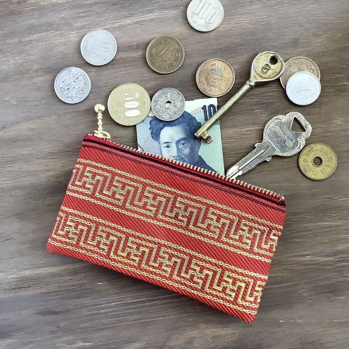 【ラーメン模様(雷文様)】畳縁 ぺたんこ ミニポーチ 小銭入れ カードケース 赤 チャイナ