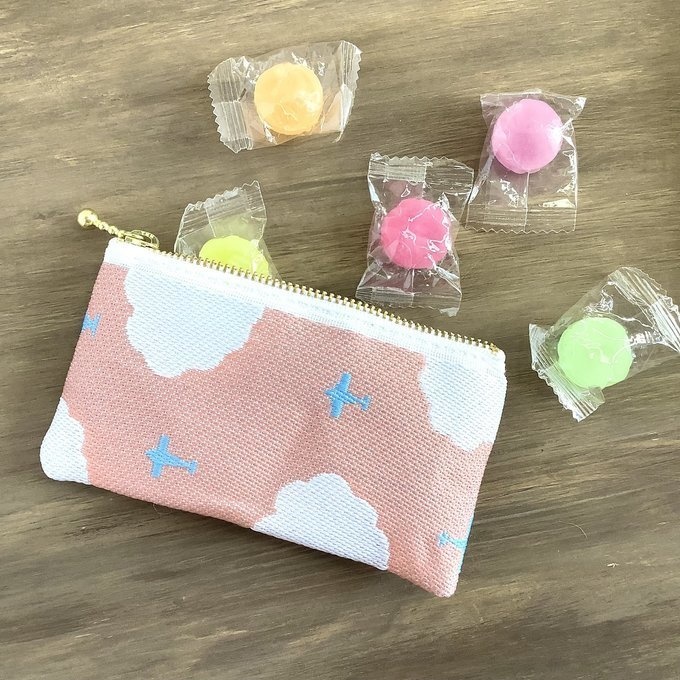 【飛行機と雲】畳縁 ぺたんこ 小銭入れ ミニポーチ カードケース 空 茜空 コーラル