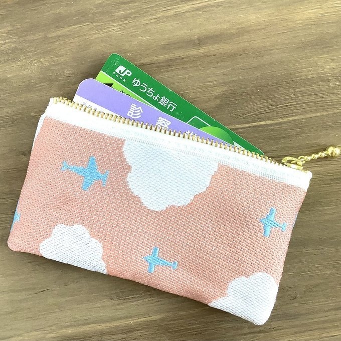 【飛行機と雲】畳縁 ぺたんこ 小銭入れ ミニポーチ カードケース 空 茜空 コーラル