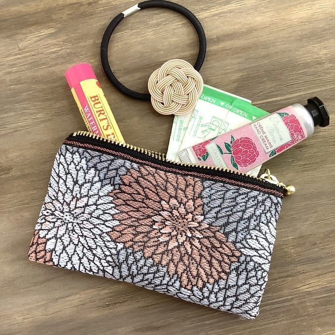 【菊】畳縁 ぺたんこ ミニポーチ カードケース 小銭入れ 和風 ニュアンスカラー 縁起物