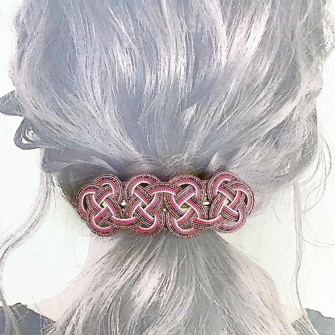 水引 バレッタ【客家花布】カラフル キラキラ ピンク