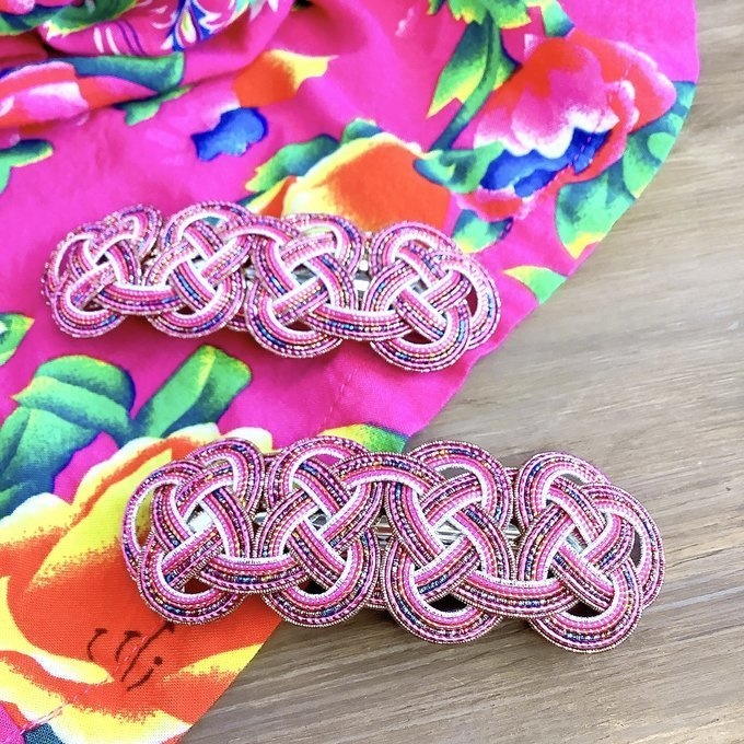 水引 バレッタ【客家花布】カラフル キラキラ ピンク