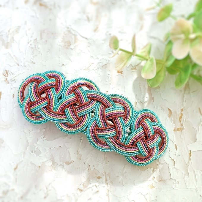 水引 バレッタ【客家花布】カラフル キラキラ ブルーグリーン